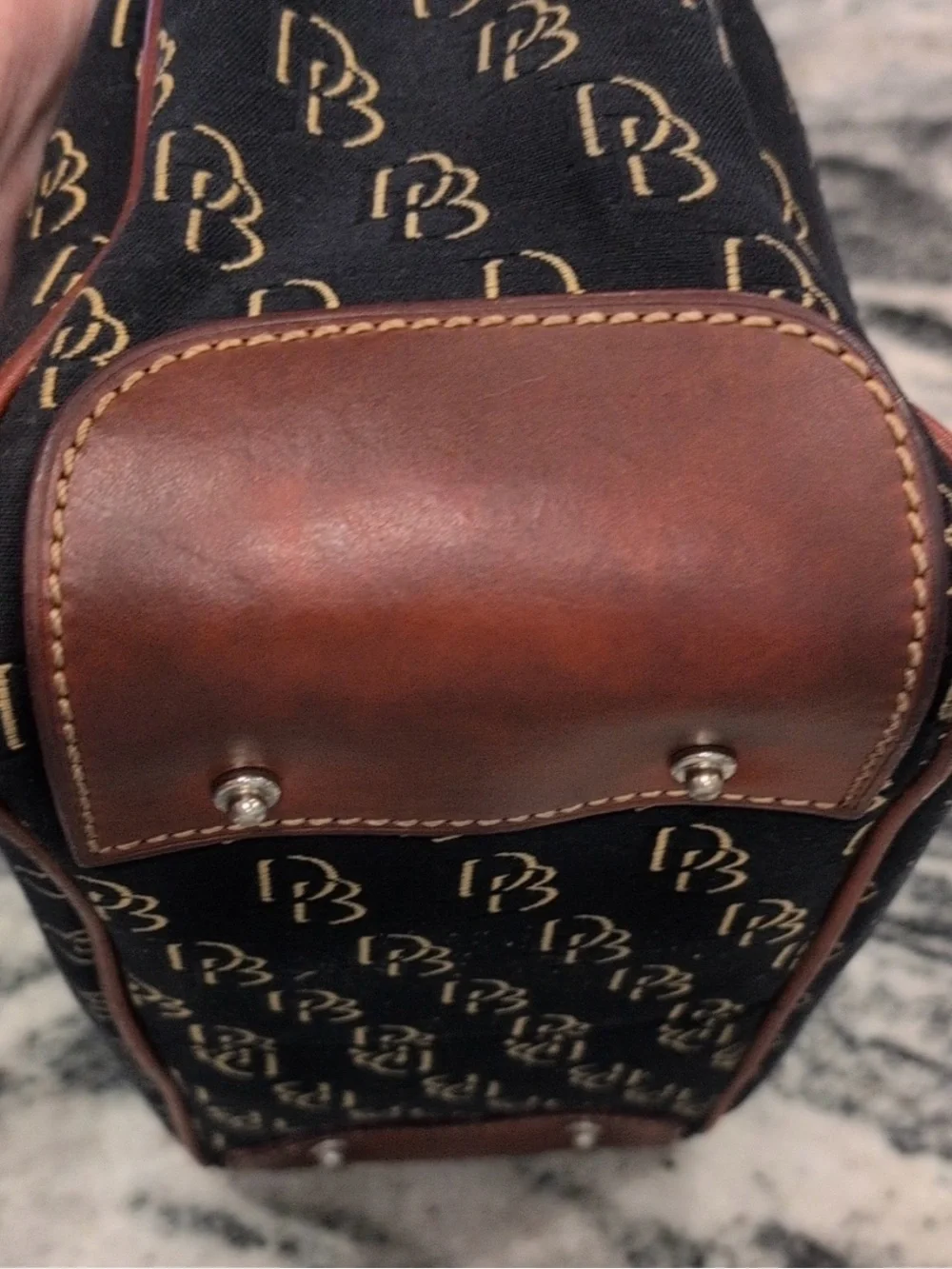 Dooney & Bourke Black Signature Canvas Satchel with Brown Leather Trim